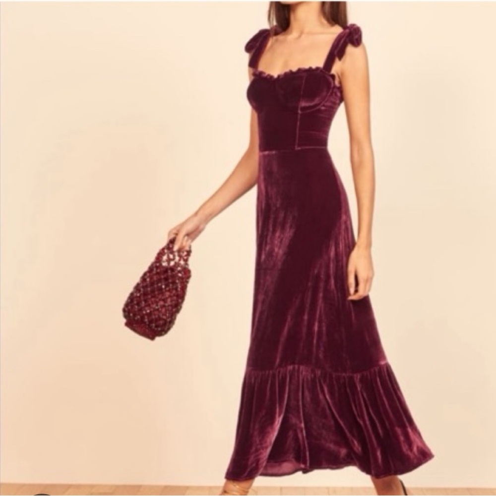 Reformation Antoinette Burgundy Velvet Bustier Midi Dress